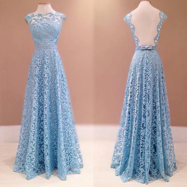 Gorgeous Blue Lace Evening Dress Sleeveless Floor Length