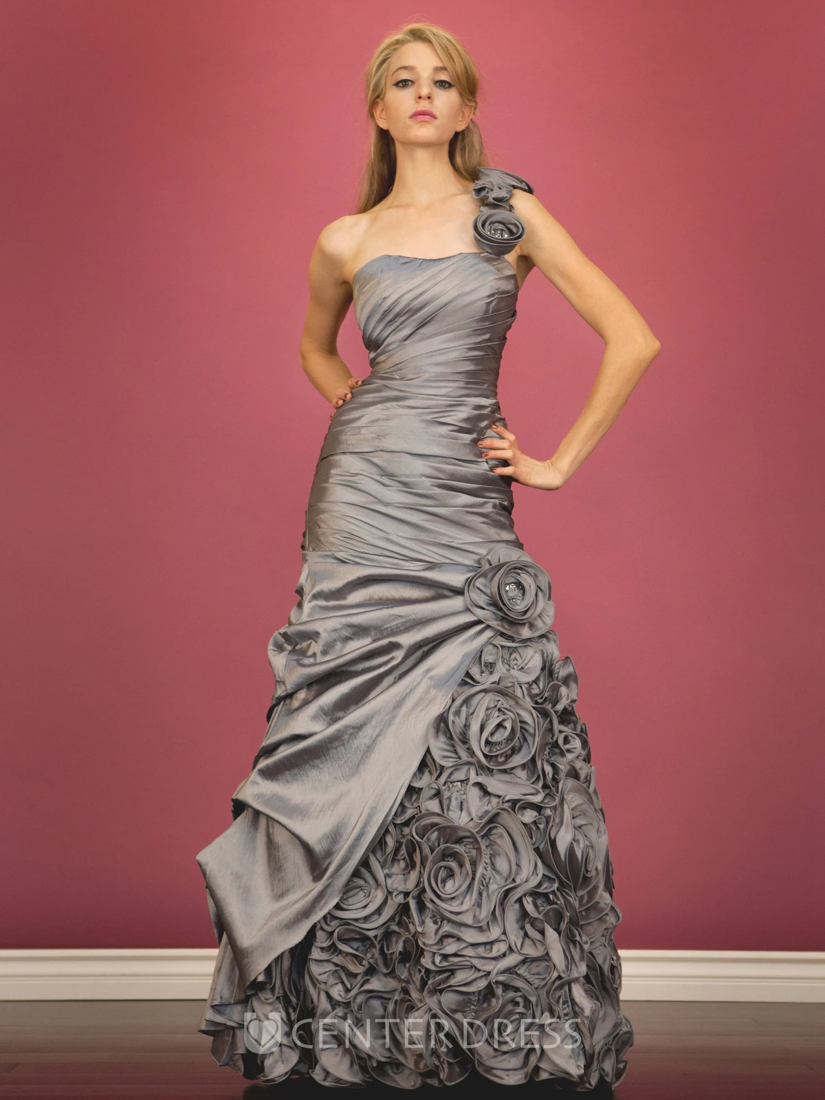 A-Line One-Shoulder Sleeveless Satin Dress With Flower And Side Draping