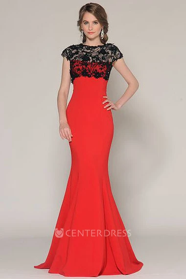Mermaid Lace Cap-Sleeve Jewel-Neck Floor-Length Jersey Prom Dress