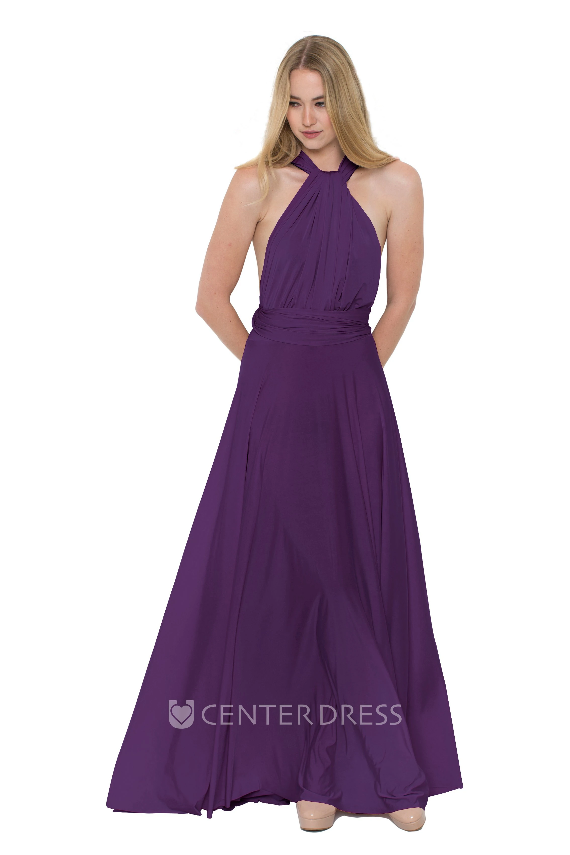 Floor-Length V-Neck Ruched Sleeveless Chiffon Muti-Color Convertible Bridesmaid Dress With Straps