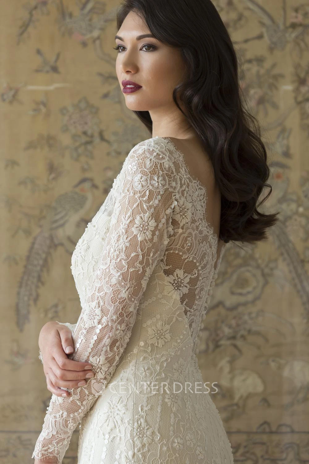 Off-The-Shoulder Beaded Floor-Length Long-Sleeve Lace Wedding Dress