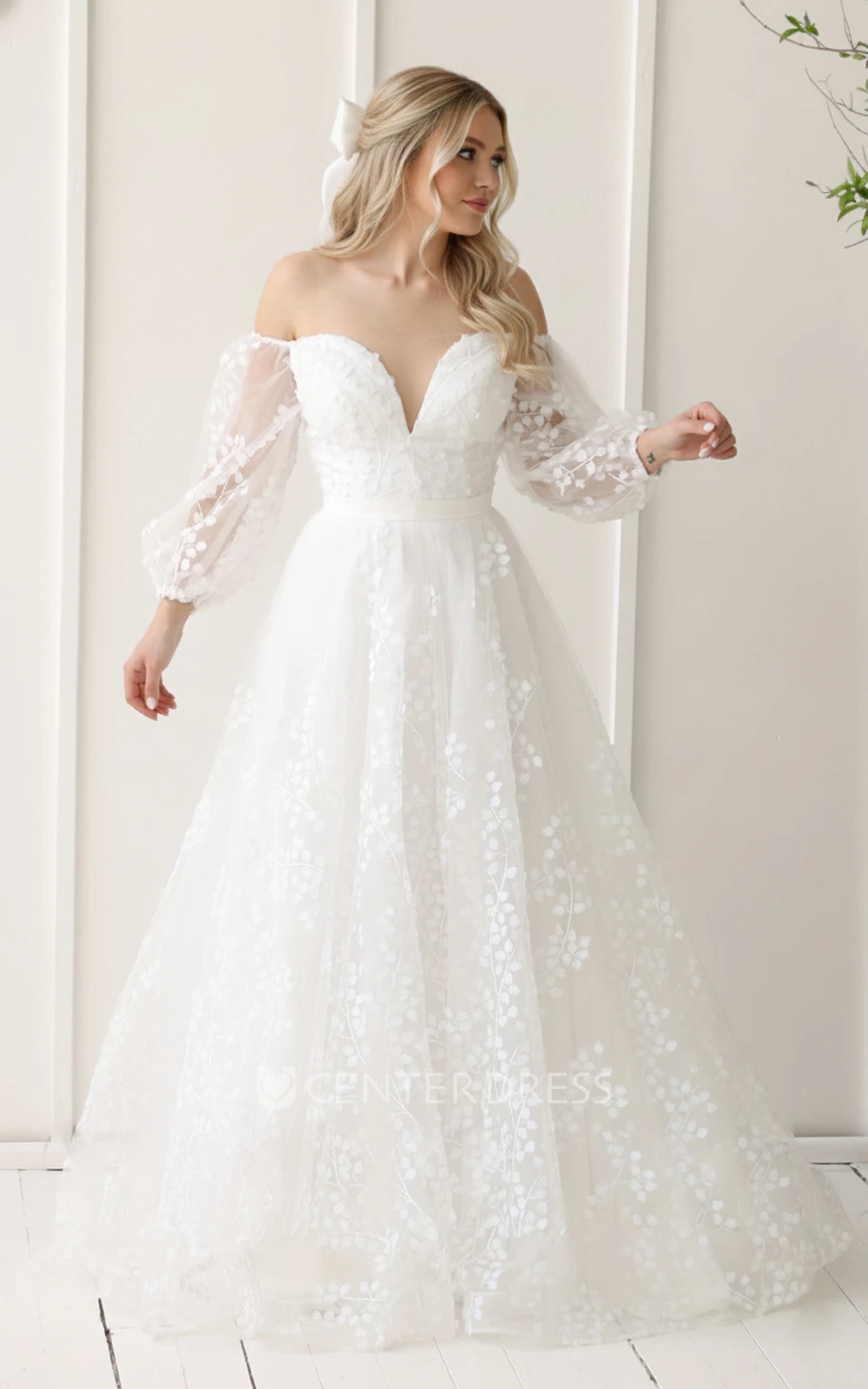 Ethereal A-Line Off Shoulder Bridal Gown with Puffy Sleeves and Floral Lace for Garden Ceremony
