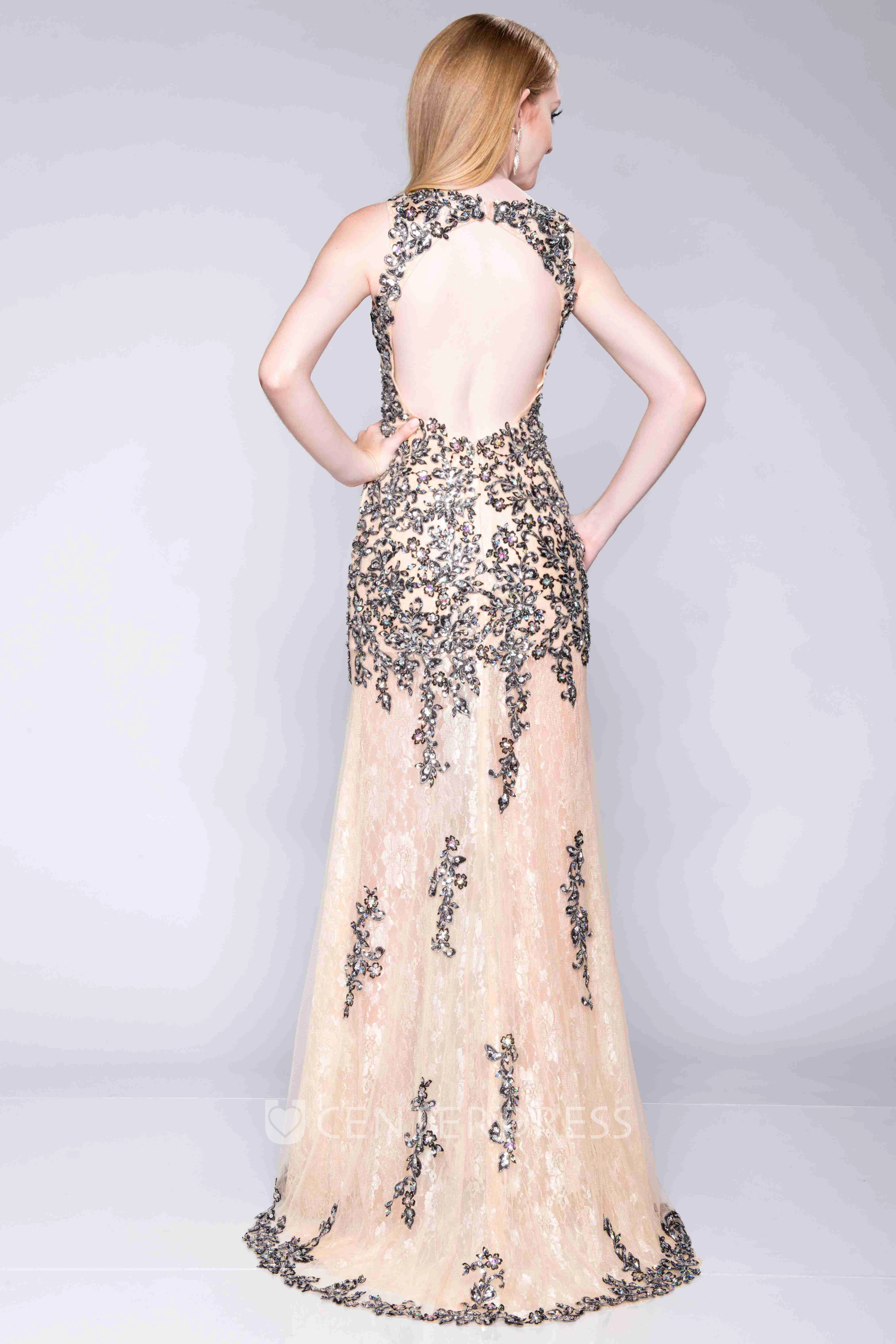 Keyhole Back Sequined Lace Prom Dress With Side Slit