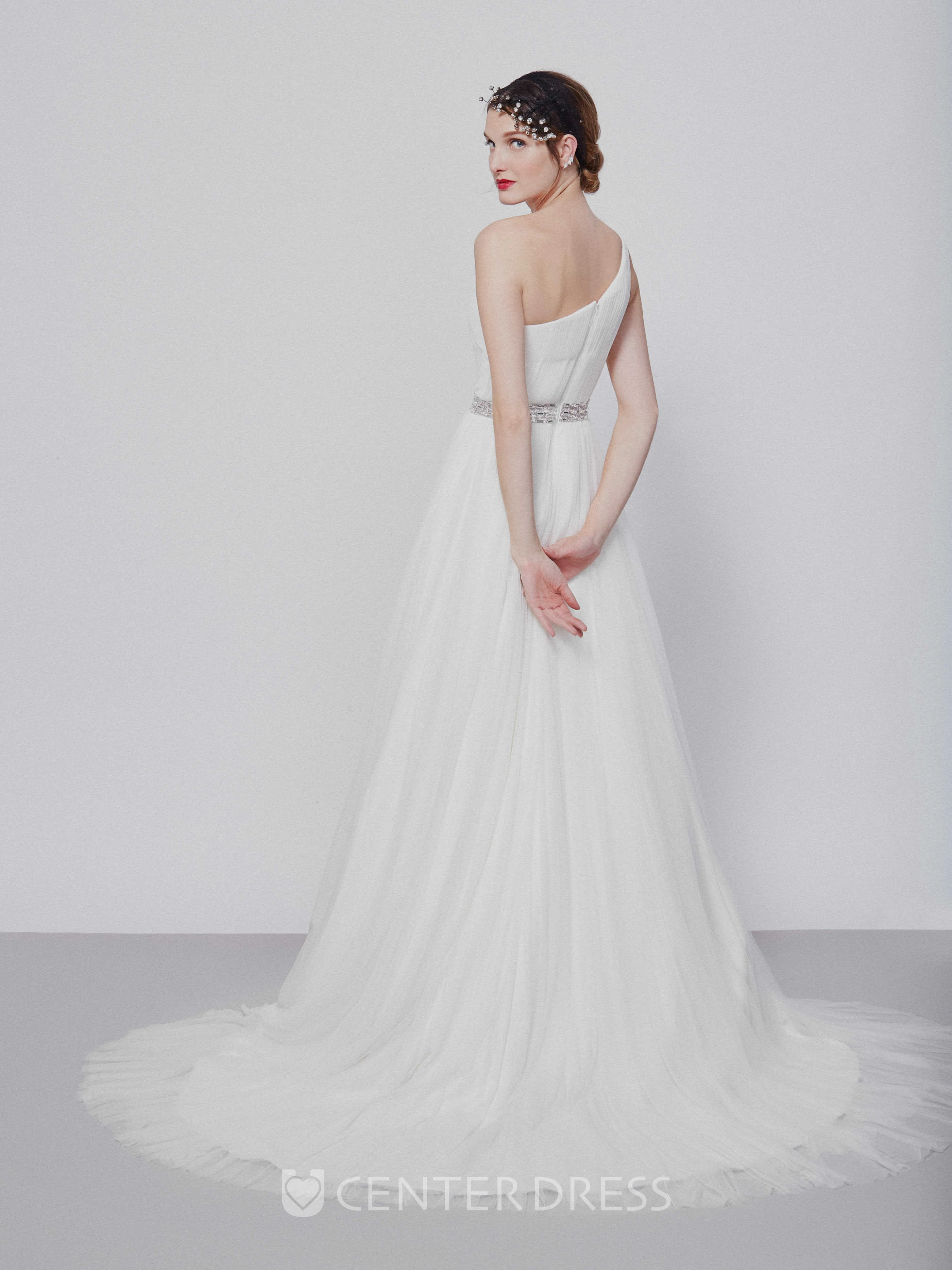 One-Shoulder Maxi Jeweled Chiffon Wedding Dress With Sweep Train