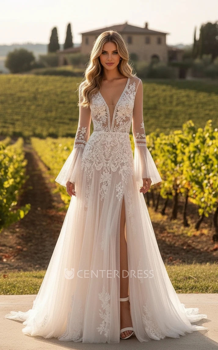 Modern Sexy Bohemian A-Line Lace Spring Wedding Dress Stunning Romantic Long Bell Sleeve Plunging Neckline Split Front Bridal Gown