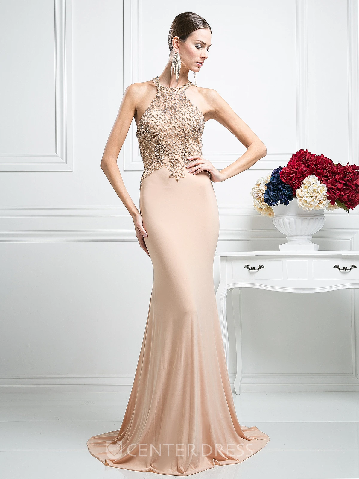Sheath Jewel-Neck Sleeveless Jersey Straps Dress With Beading