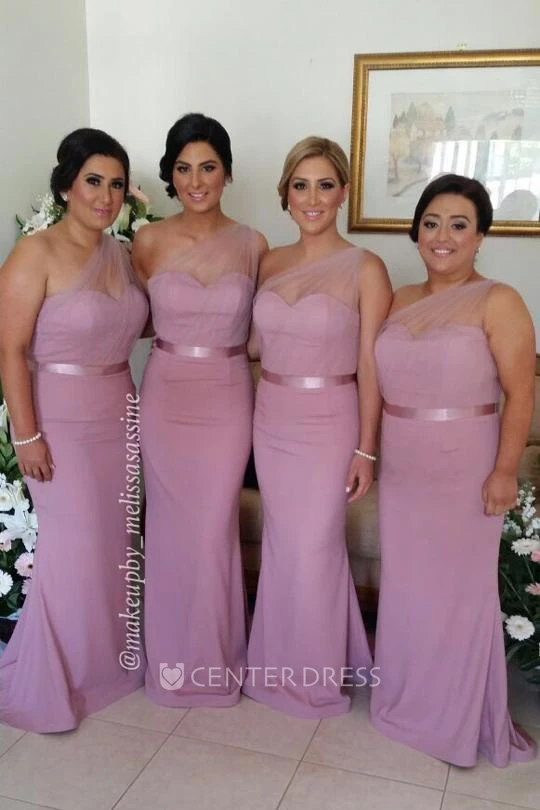 Modern One Shoulder Mermaid Bridesmaid Dress Sweep Train