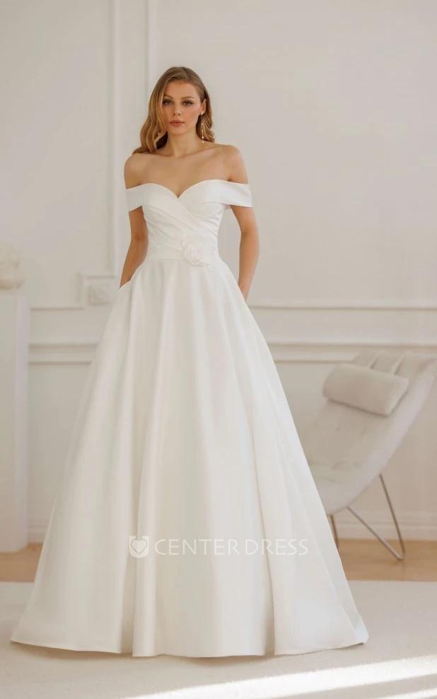 A Line Modern Satin Solid Off-Shoulder Wedding Elegant Sweetheart Floral Ball Gown with Chapel Train