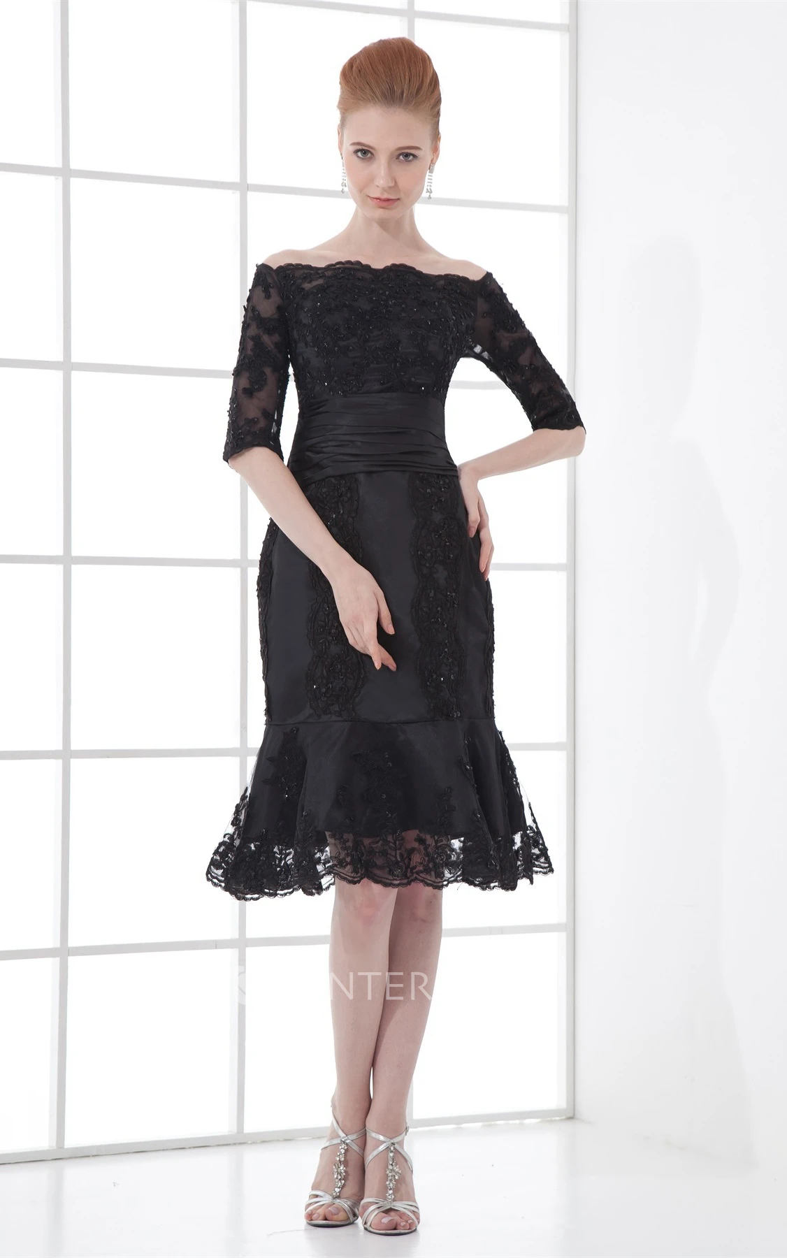 off-the-shoulder midi mermaid lace dress with beading