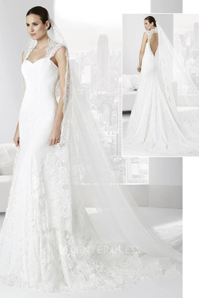 Sheath Appliqued Queen-Anne Floor-Length Lace Wedding Dress