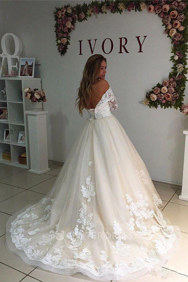 Ball Gown Off-the-shoulder Lace Tulle Low-V Back Wedding Gown