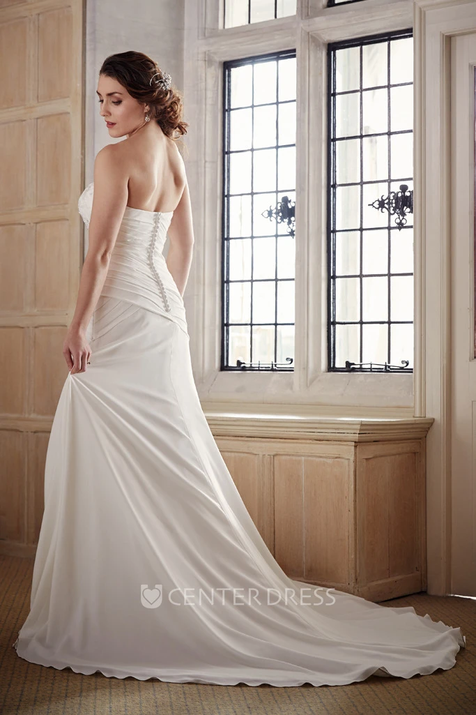 Long Strapless Appliqued Chiffon Wedding Dress With Court Train
