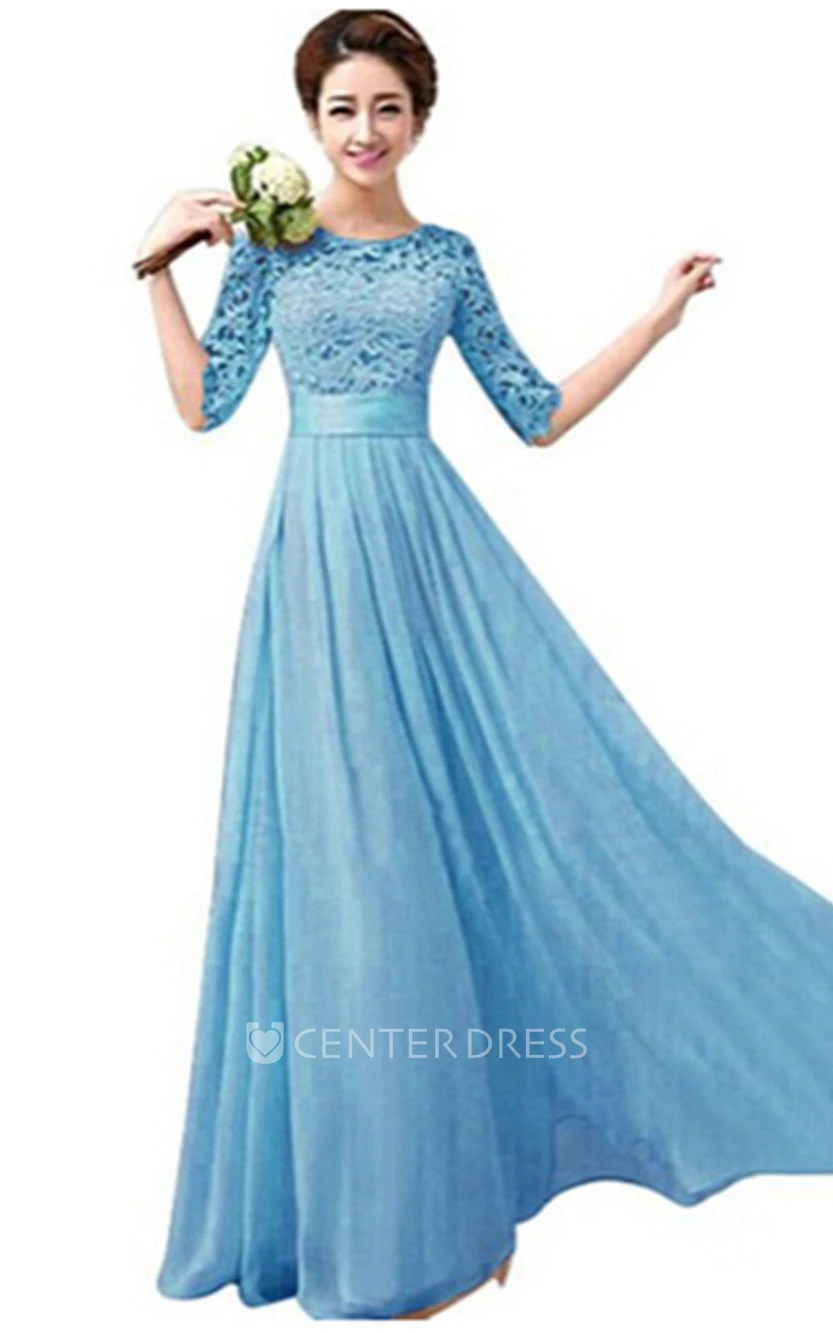 Scoop Half Sleeve Chiffon Long Bridesmaid Gown With Lace Bodice and Belt