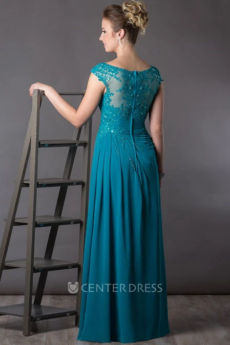 Appliqued Top Cap Sleeve A-Line Chiffon Long Mother Of The Bride Dress With Sequin Details