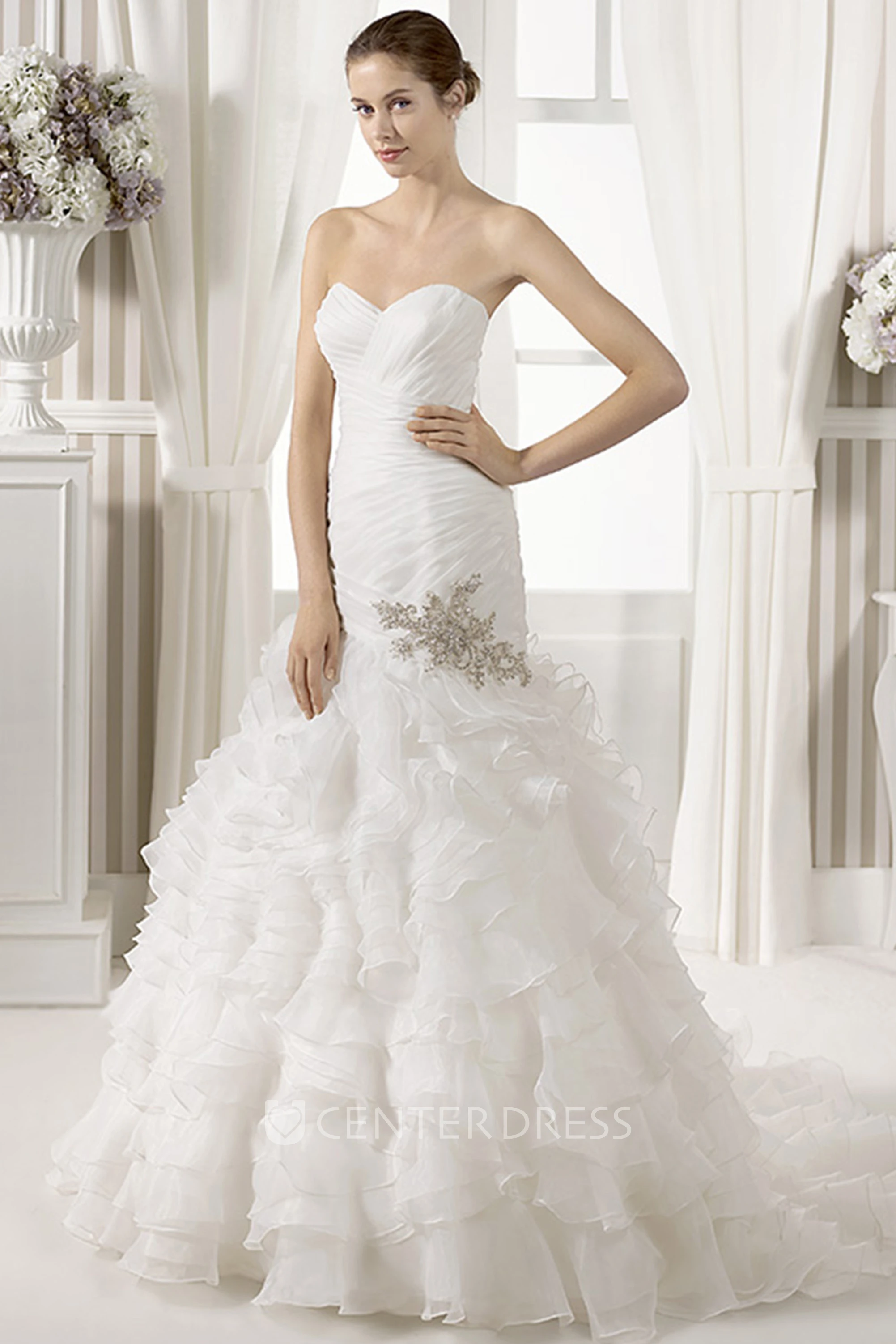 Mermaid Sweetheart Ruffled Organza Wedding Dress With Criss Cross And Cape