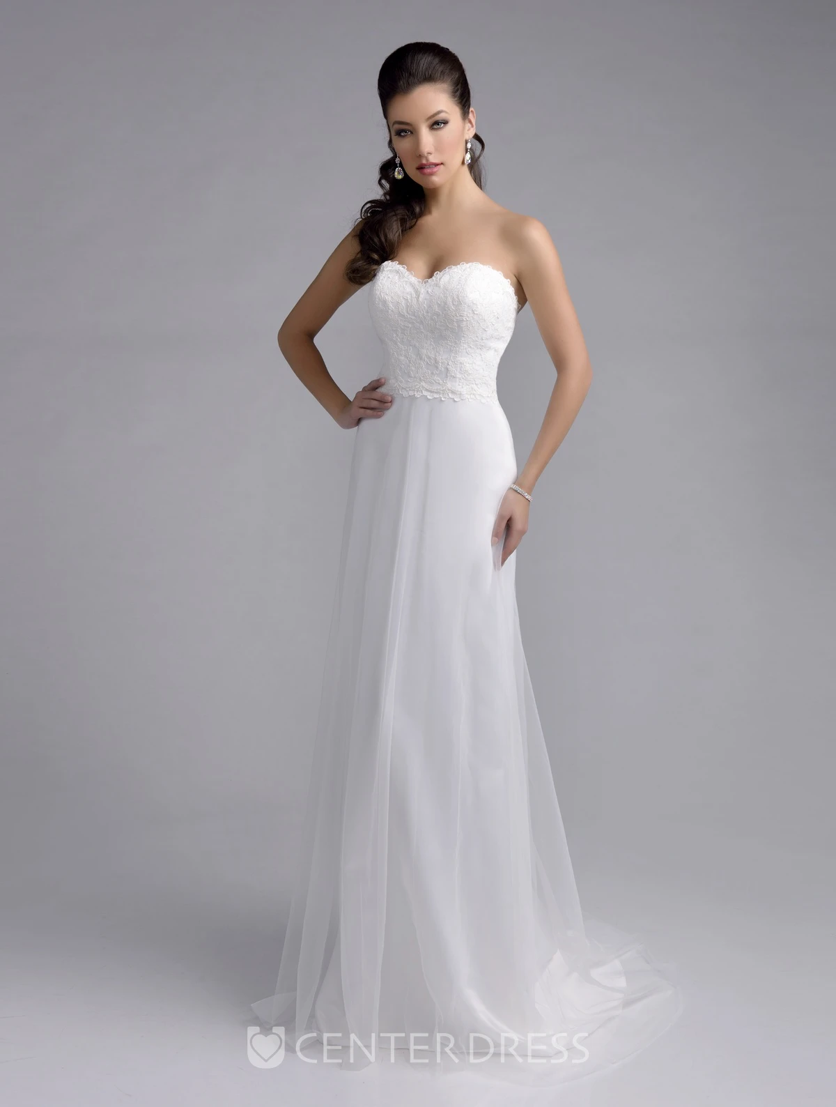 Lace Bodice Chiffon Skirt A-Line Wedding Dress With Sweetheart Neck