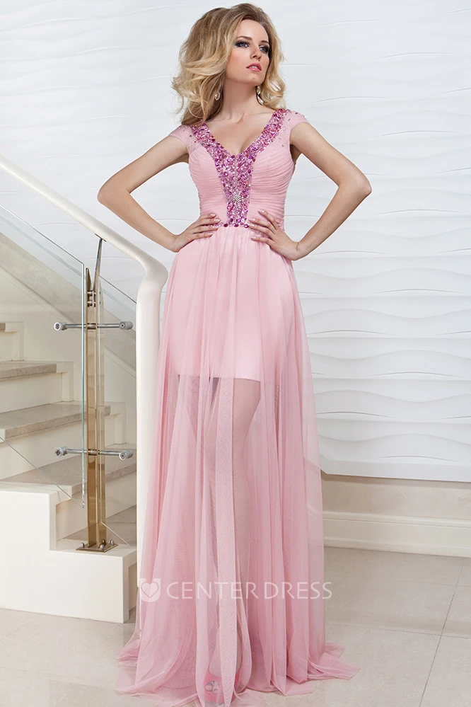 Ruched Cap-Sleeve Maxi V-Neck Tulle Prom Dress With Beading And Pleats