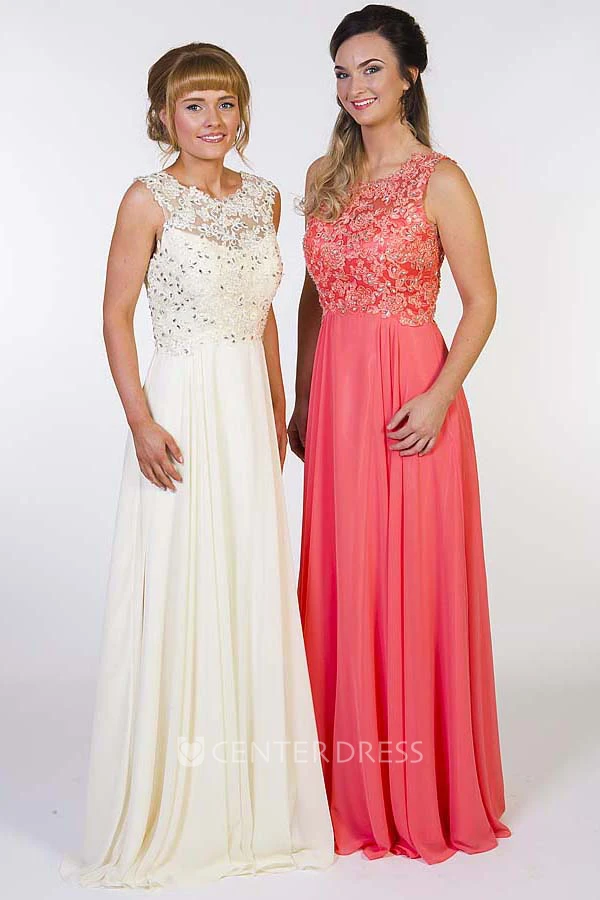 A-Line Sleeveless Appliqued Scoop Floor-Length Chiffon Prom Dress With Illusion Back And Beading