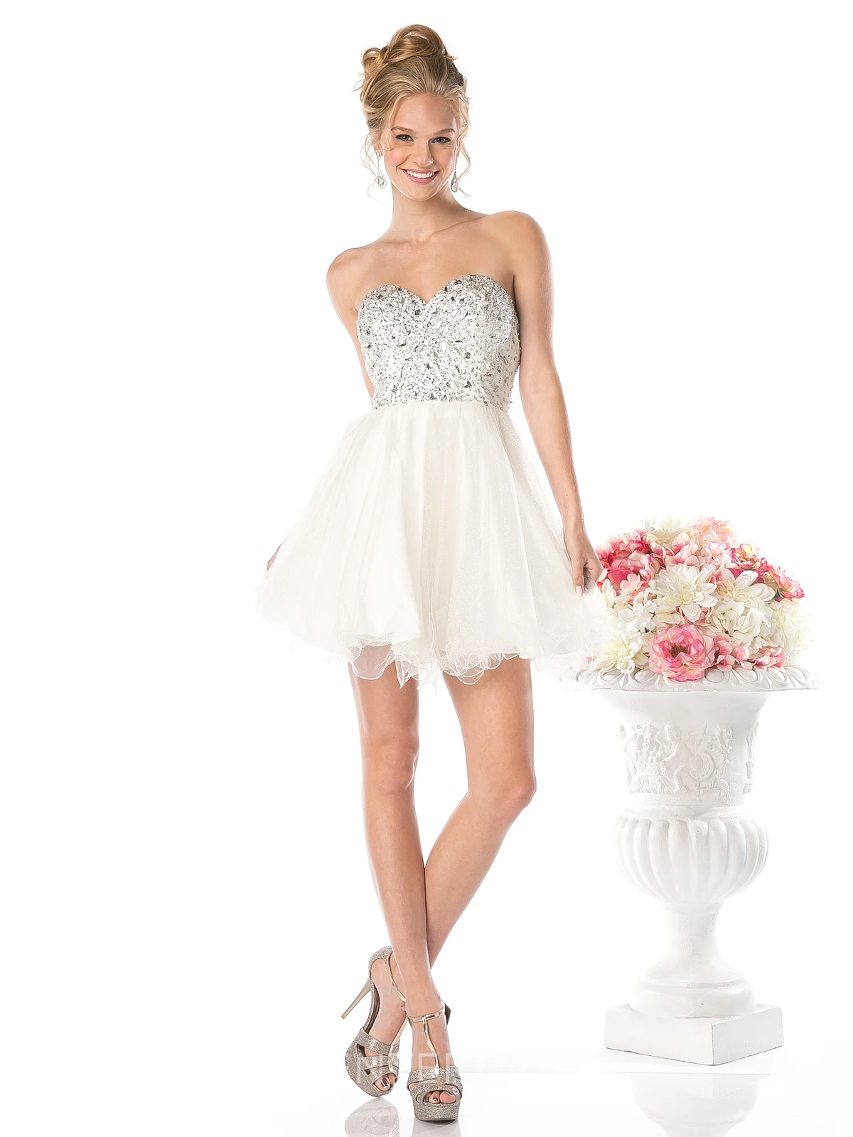 A-Line Short Sweetheart Sleeveless Backless Dress With Beading And Ruffles