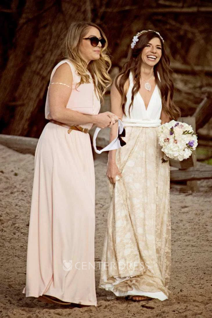 Floor-Length Jersey Satin Lace Backless Wedding Dress