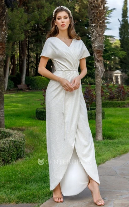 Charming Sheath Satin V-neck Winter Wedding Dress with Sash and Split Front