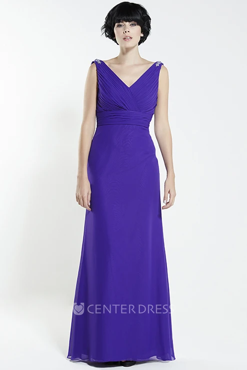 Criss-Cross V-Neck Sleeveless Chiffon Bridesmaid Dress With Beading