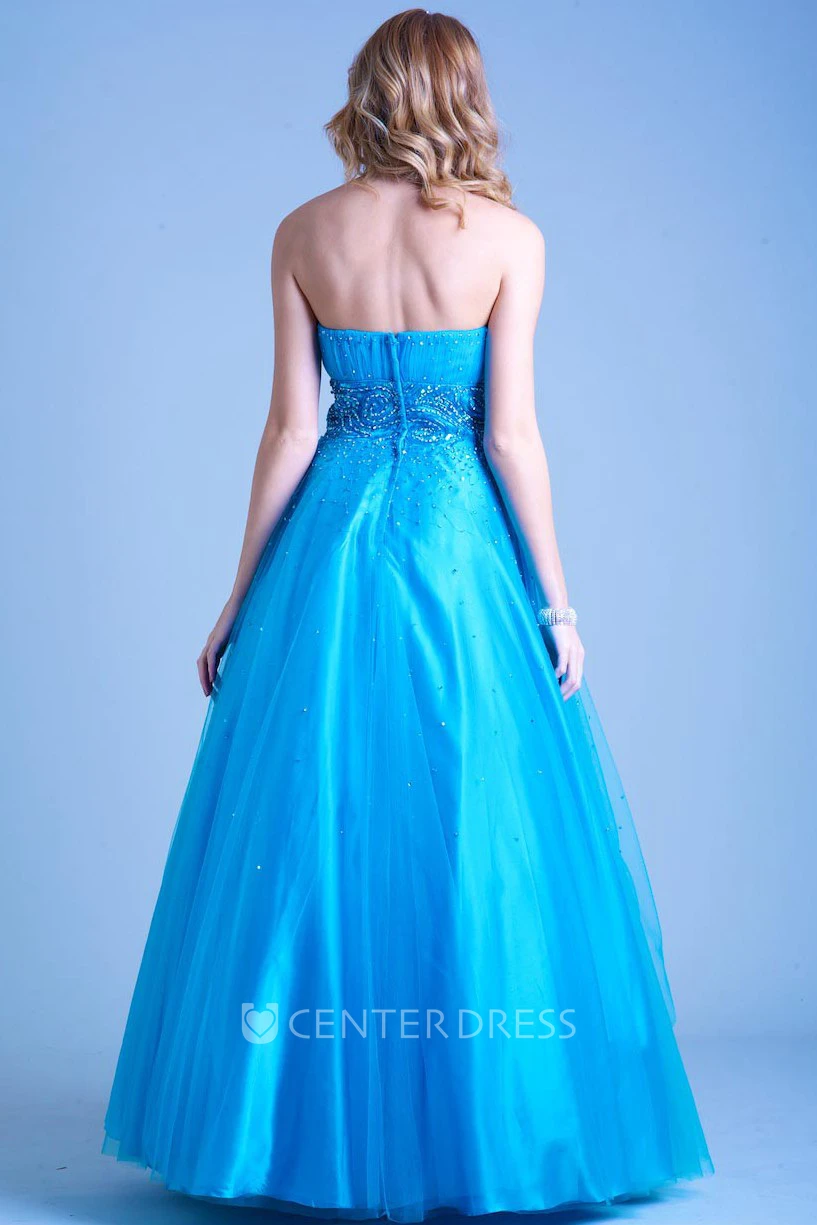 A-Line Sleeveless Long Strapless Ruched Tulle&Satin Prom Dress With Beading