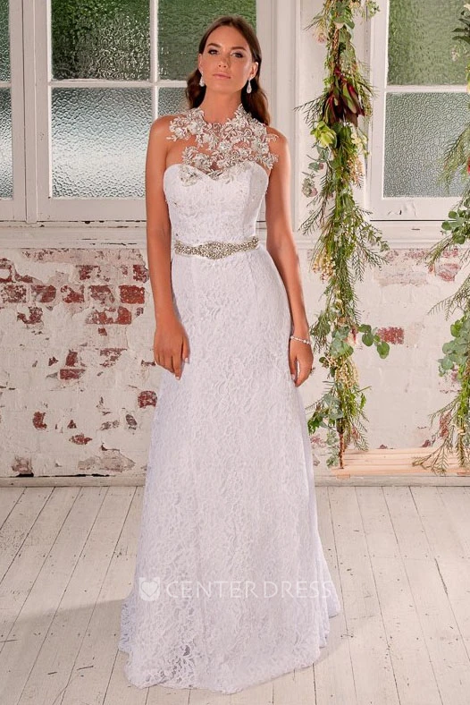 Sheath Sleeveless Long Beaded High Neck Lace Wedding Dress With Waist Jewellery