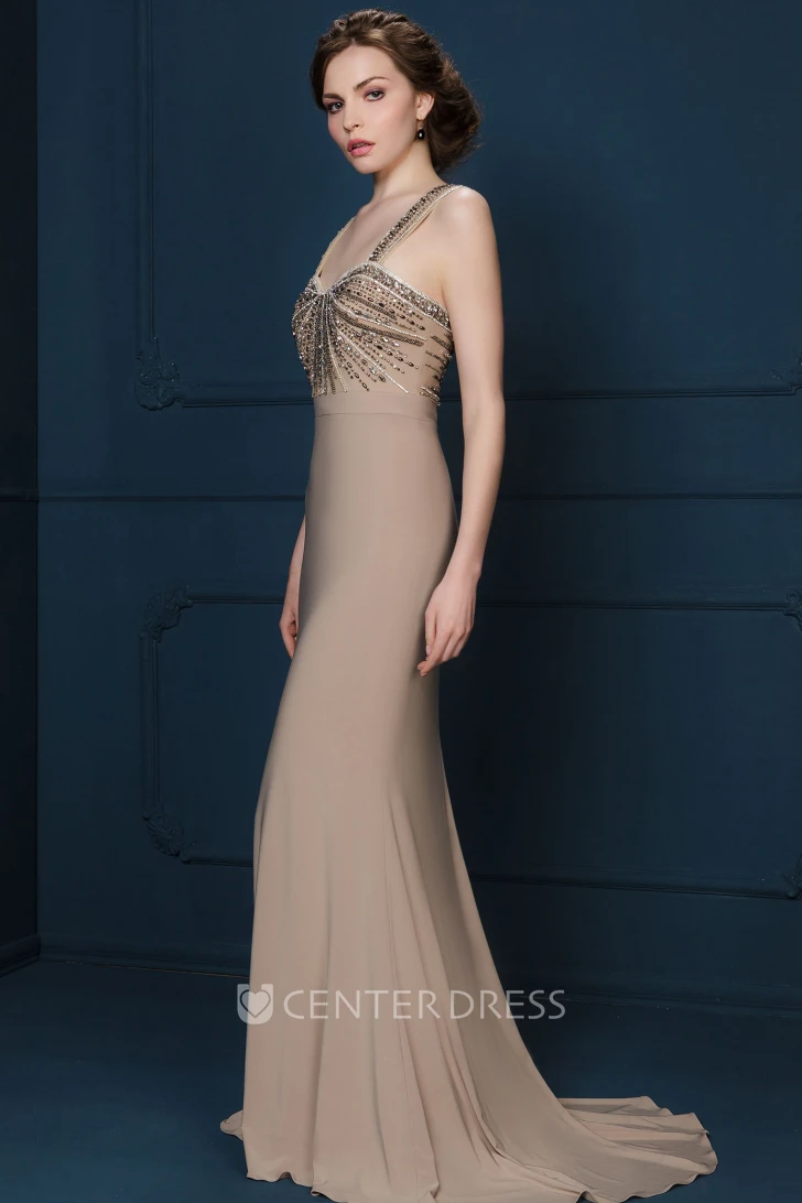 Sheath Floor-Length Beaded Sleeveless Strapped Jersey Evening Dress