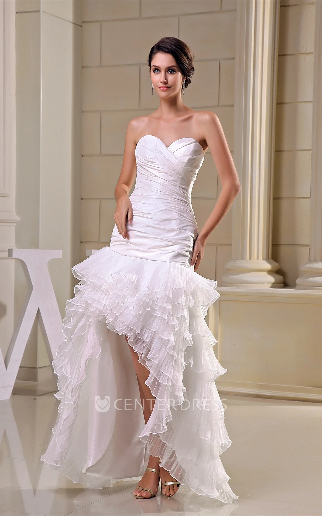 High-Low Criss-Cross Sweetheart Tulle Prom Dress with Ruching and Tiers
