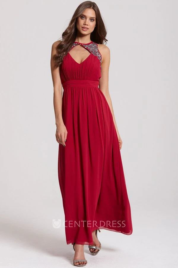 Ankle-Length High Neck Sleeveless Ruched Chiffon Bridesmaid Dress With Straps