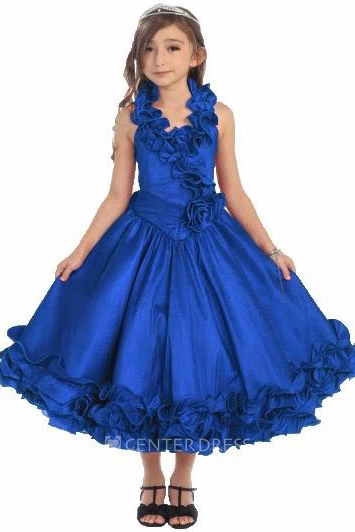 Tea-Length Ruffled Tiered Lace Flower Girl Dress