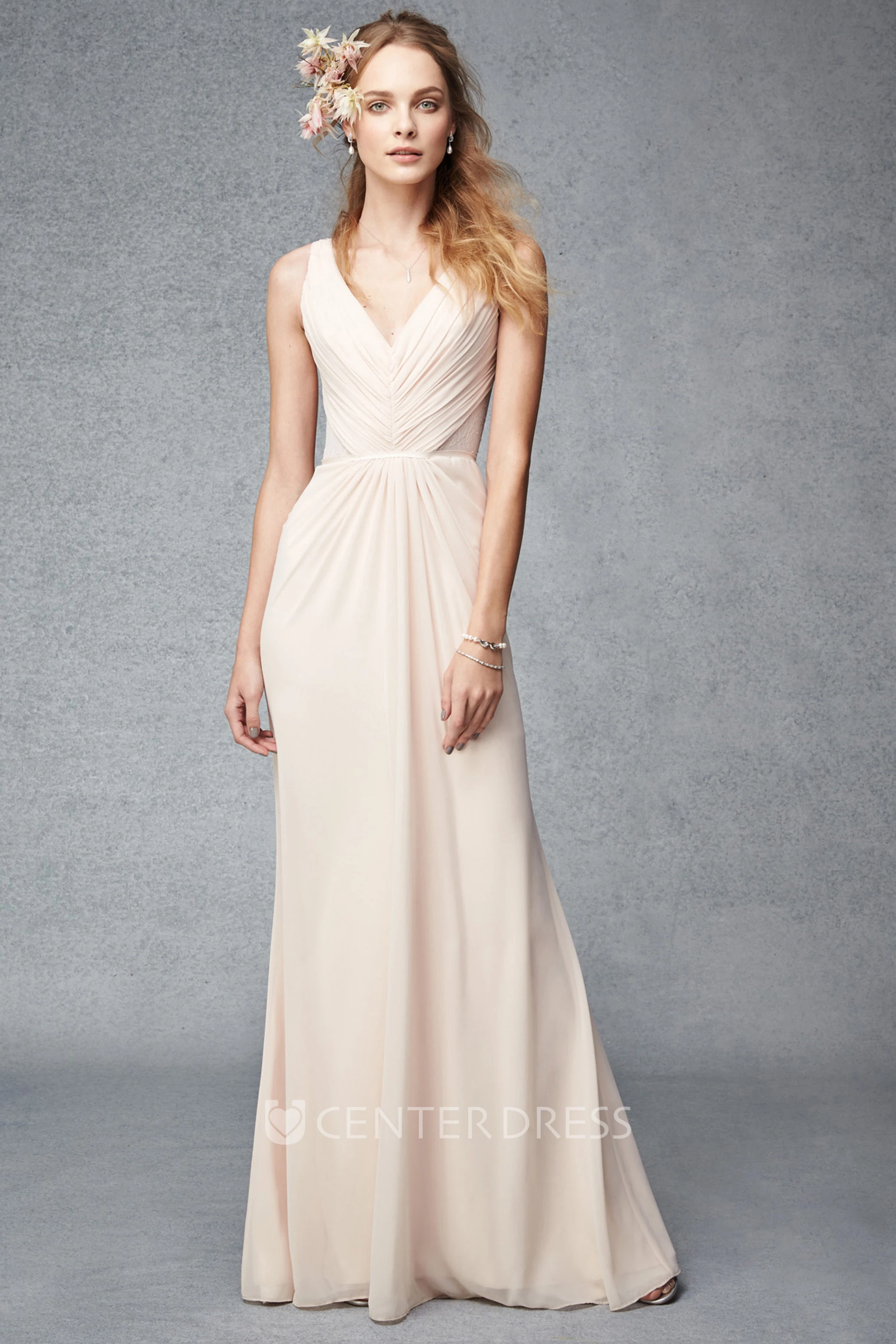 Maxi Ruched V-Neck Sleeveless Chiffon Bridesmaid Dress