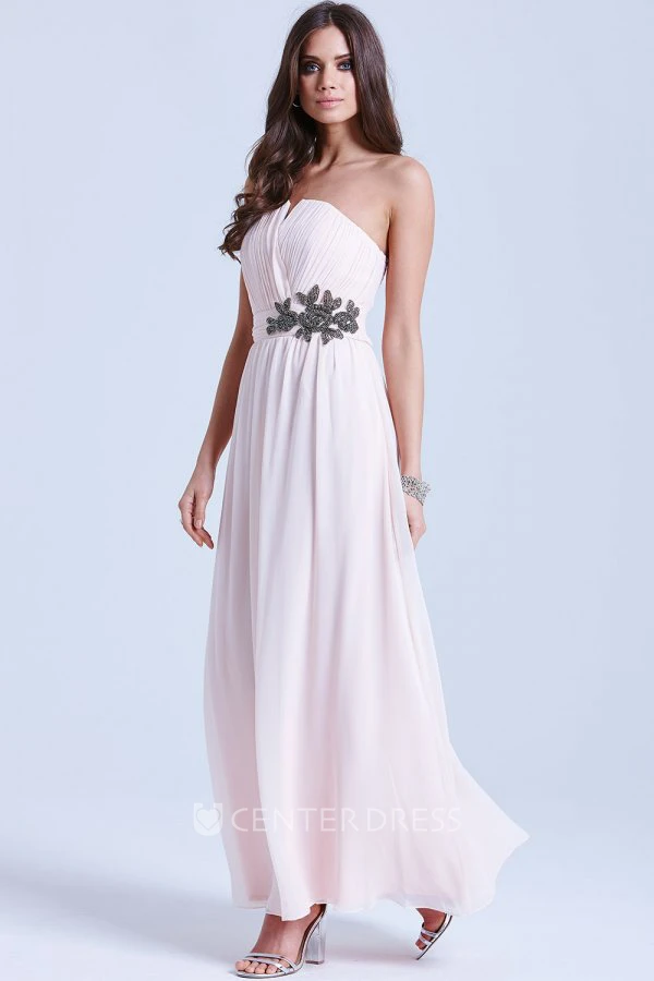 Notched Ankle-Length Sleeveless Beaded Chiffon Bridesmaid Dress With Ruching
