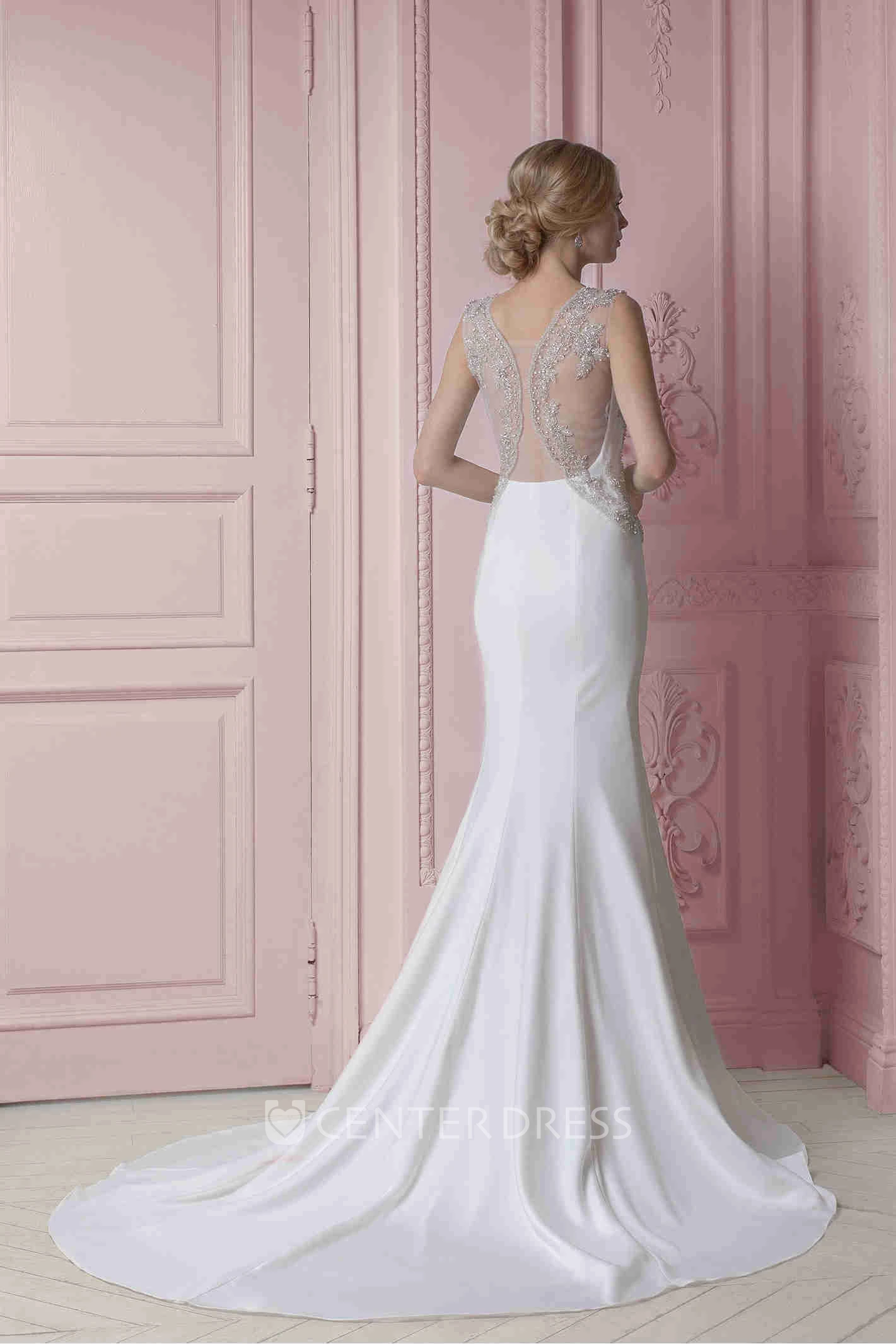 Sheath Beaded Floor-Length V-Neck Sleeveless Stretched Satin Wedding Dress