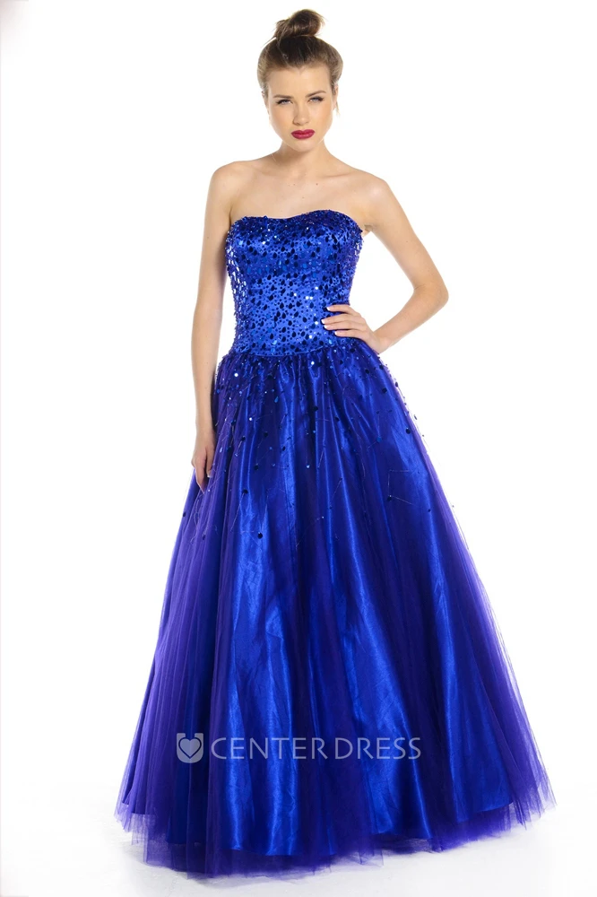 A-Line Sleeveless Long Sequined Strapless Tulle Prom Dress With Corset Back And Bow
