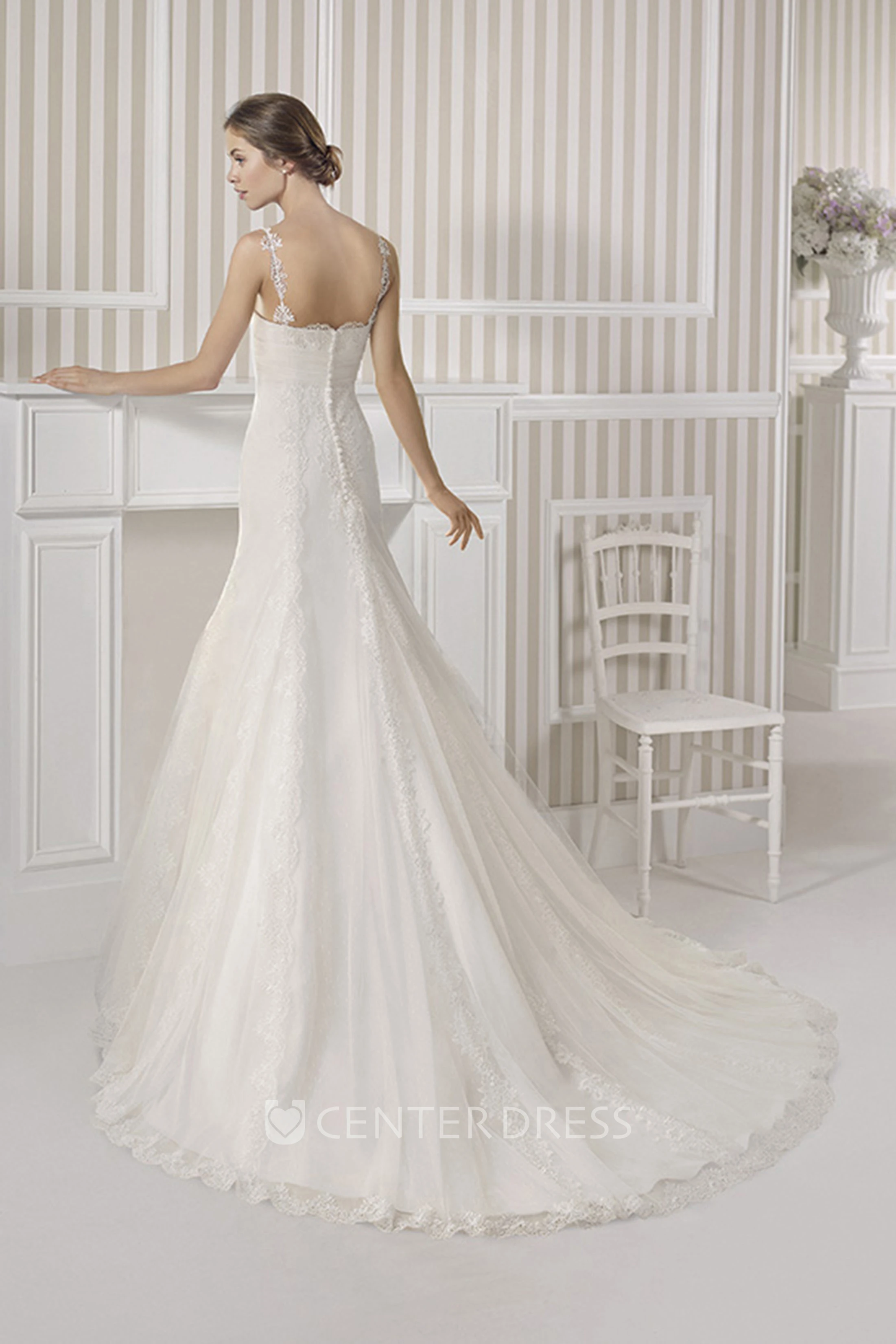 Sheath Sleeveless Appliqued Bateau Floor-Length Lace Spring Wedding Dress With Waist Jewellery