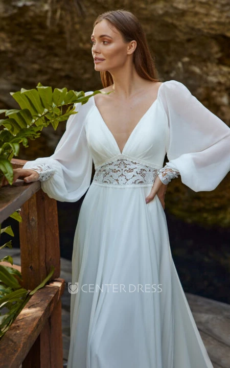 A-Line Floor-Length V-Neck Poet-Sleeve Corset-Back Chiffon Dress With Side  Draping And Flower - June Bridals
