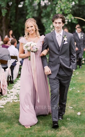 Casual A Line V-neck Chiffon Bridesmaid Dress With Cap Sleeves And Deep-V Back