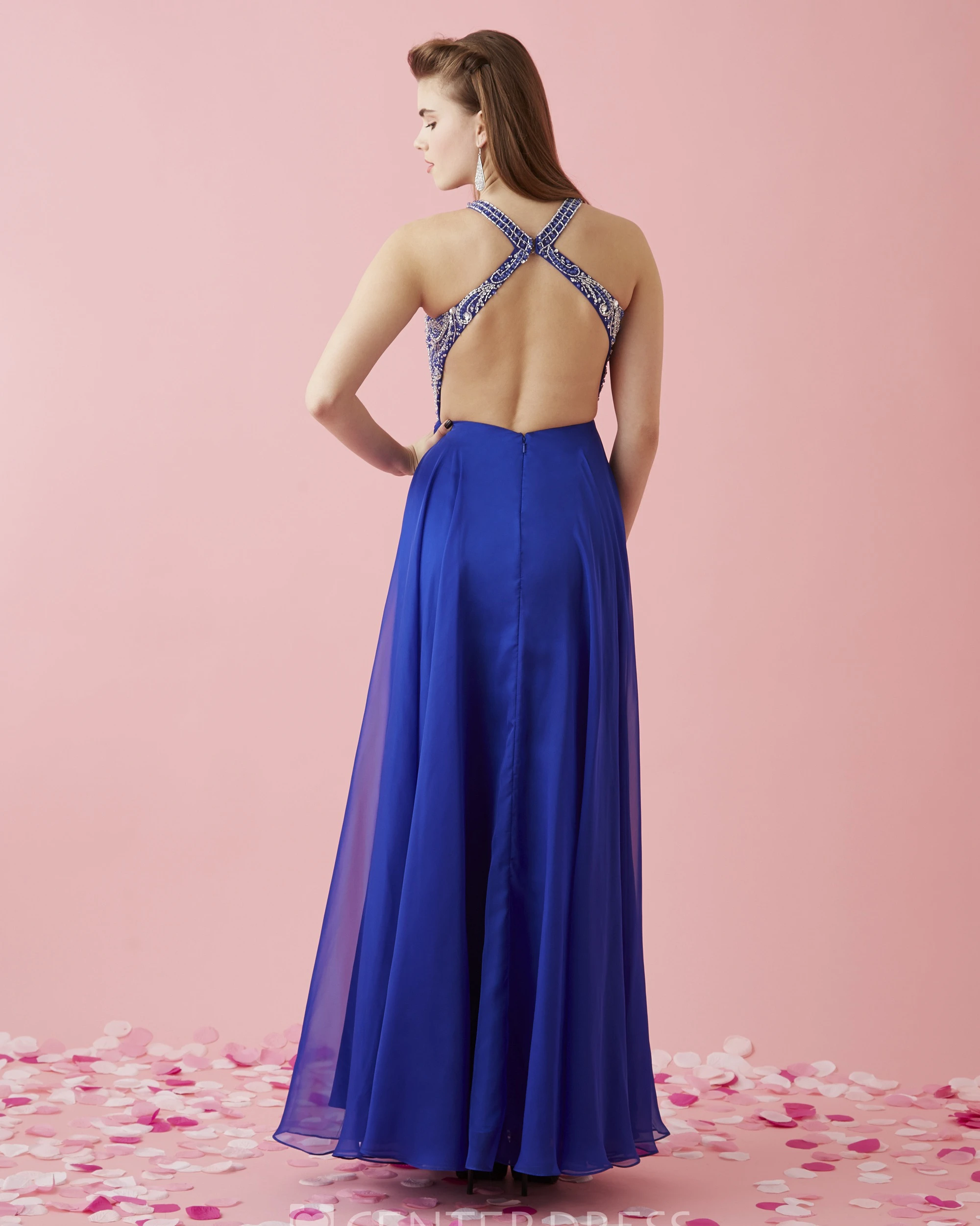 A-Line Floor-Length V-Neck Sleeveless Chiffon Straps Dress With Beading