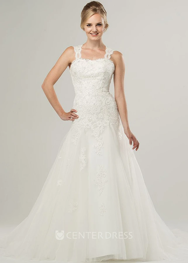 A-Line Sleeveless Strapped Beaded Long Lace&Tulle Warm Wedding Dress With Appliques