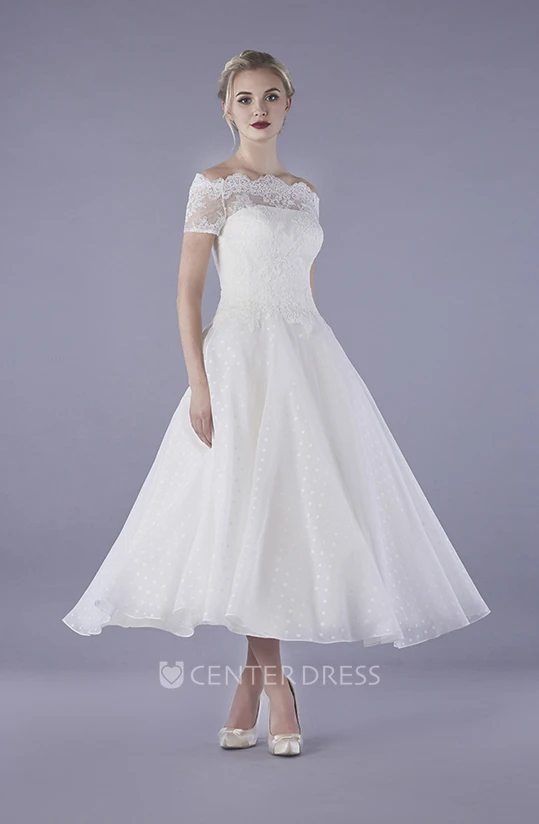 Illusion Lace Vintage Bateau Ankle Length Tulle Wedding Dress With Buttons