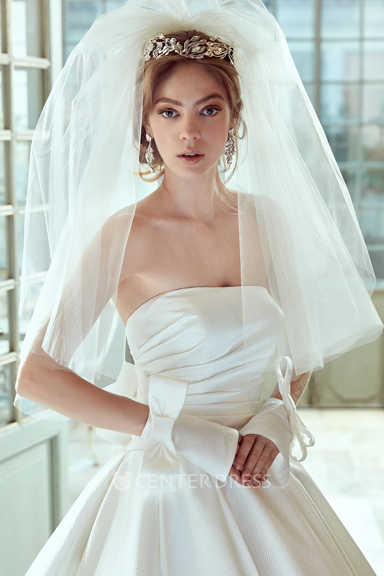 Strapless Satin Warm Wedding Dress With Pleated Bodice And Back Bow