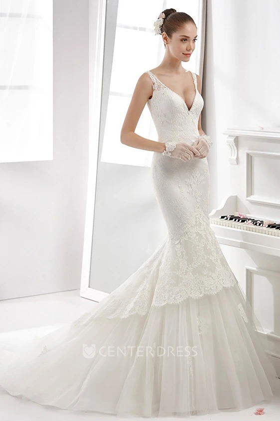 Illusion-Strap Lace Sheath Gown With Low-V Neck And Open Back