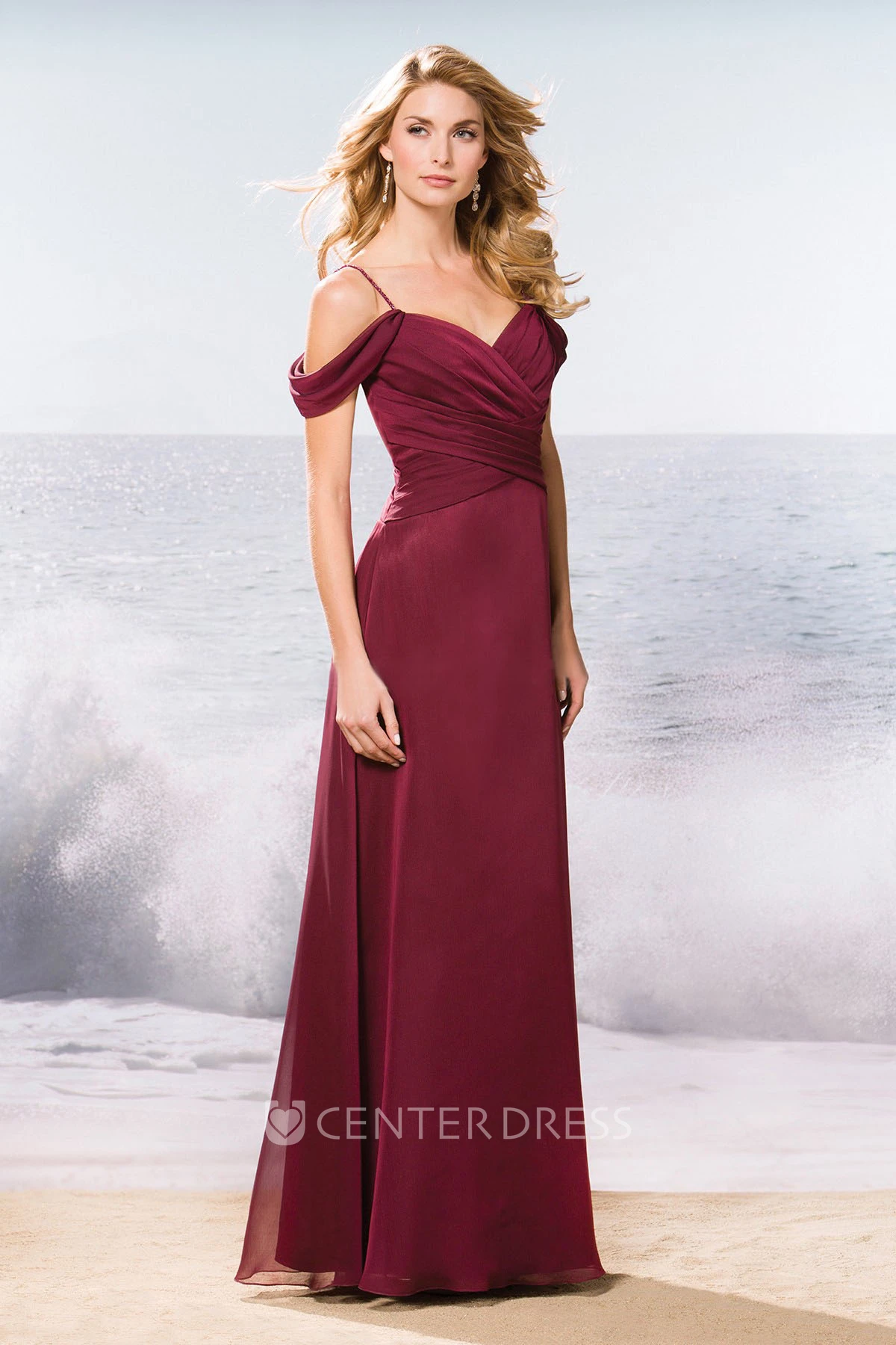 V-Neck A-Line Long Bridesmaid Dress With Crisscross Ruching And Spaghetti Straps