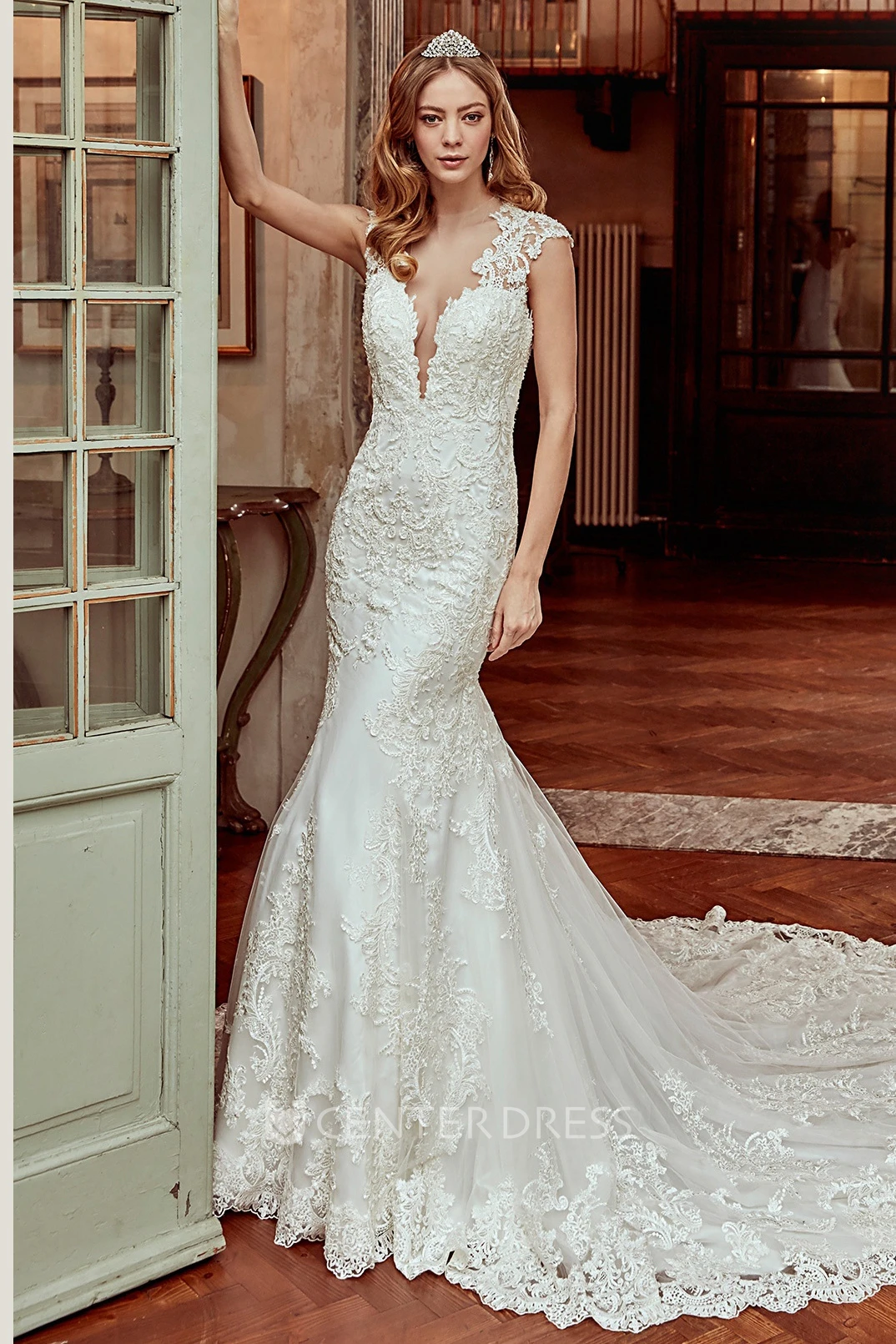 Cap-Sleeve Sheath Lace Wedding Dress With Brush Train and Open Back 