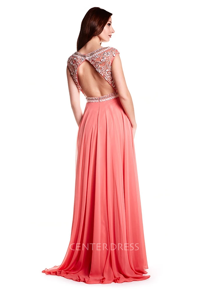 Bateau Neck Crystal Cap Sleeve Chiffon Prom Dress With Keyhole