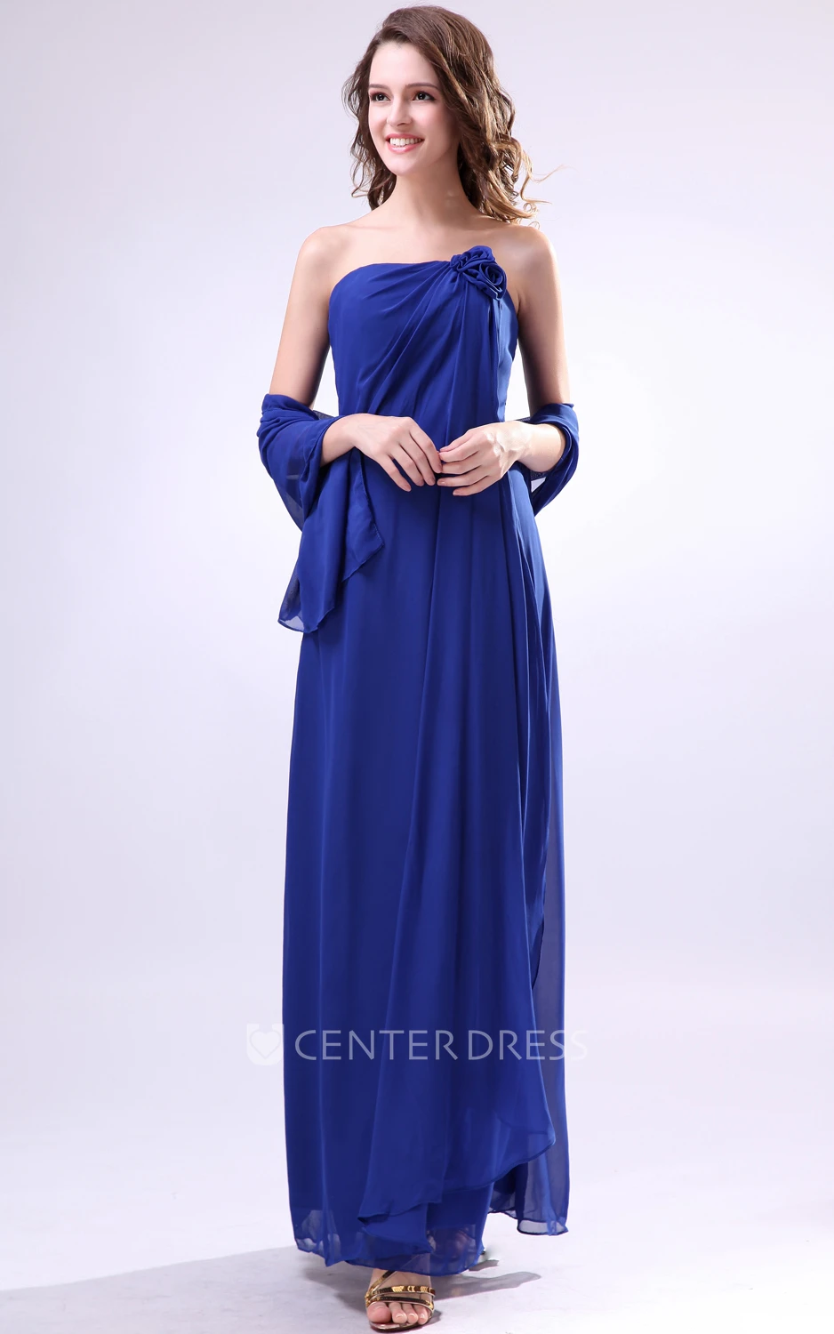 Flattering Ankle-Length Dress With Ruched Cap-And Flower