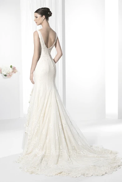 Sheath V-Neck Floor-Length Appliqued Sleeveless Satin&Tulle Spring Wedding Dress
