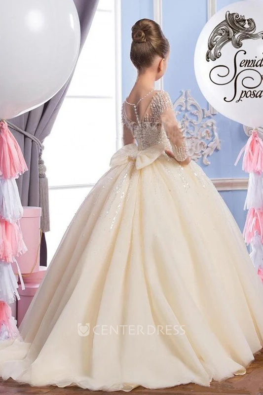 Ball Gown Long Sleeve Floor Length Tulle Applique With Back Bow